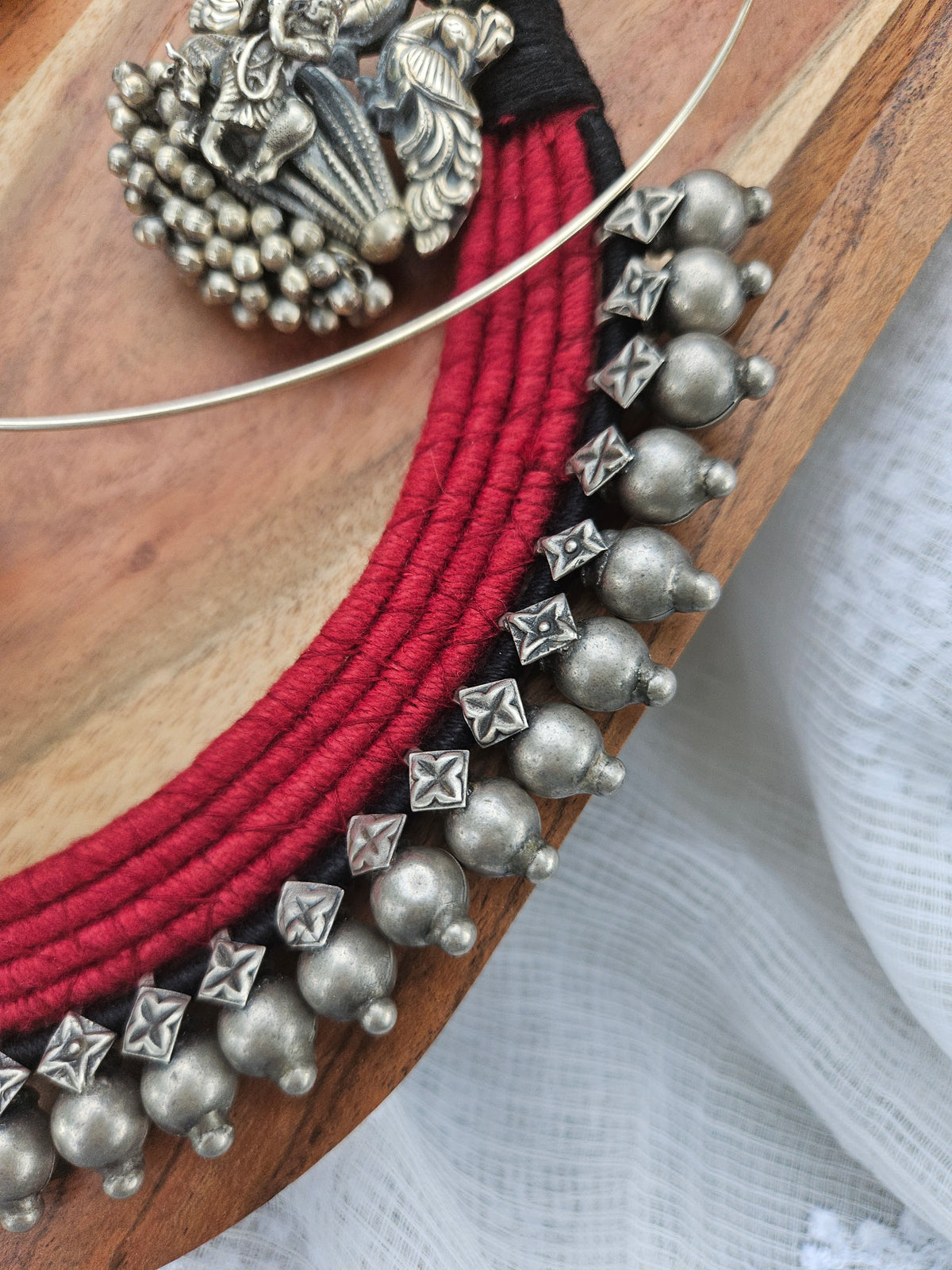 Rann Utsav Oxidised 925 Silver Thread Choker Necklace with Earrings | Handcrafted Tribal Rajasthani Kutchi Jewelry Set