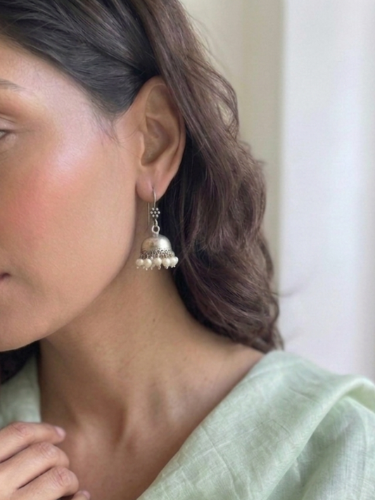 Gauri - Small Silver Jhumka with pearl drops