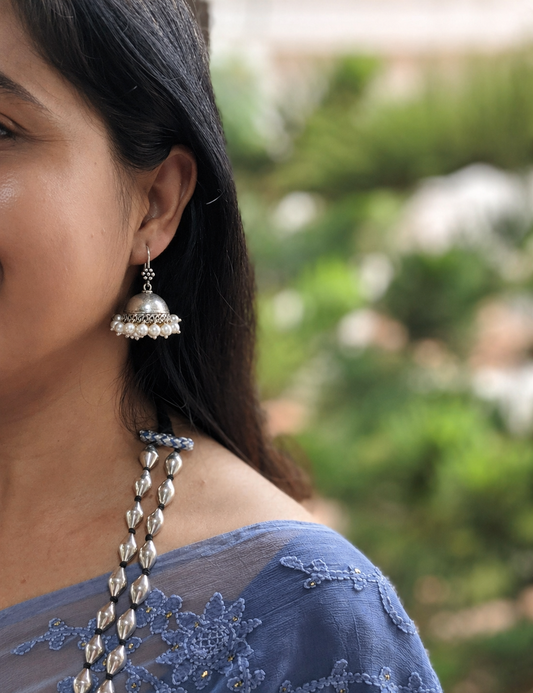 Gauri - Small Silver Jhumka with pearl drops