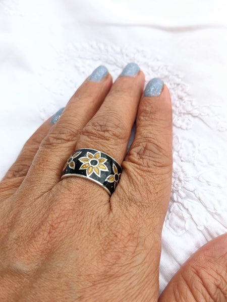 Black Enamel work ring, Silver and enamel ring