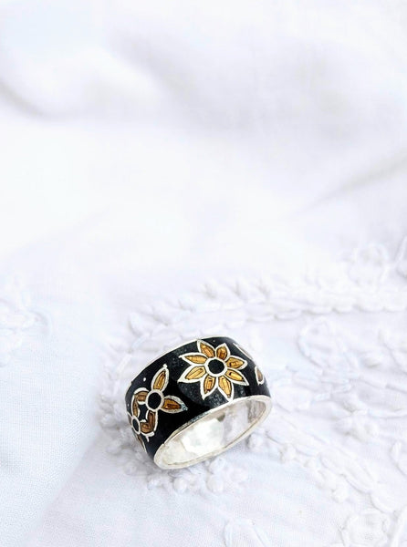 Black Enamel work ring, Silver and enamel ring