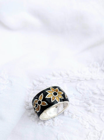 Black Enamel work ring, Silver and enamel ring