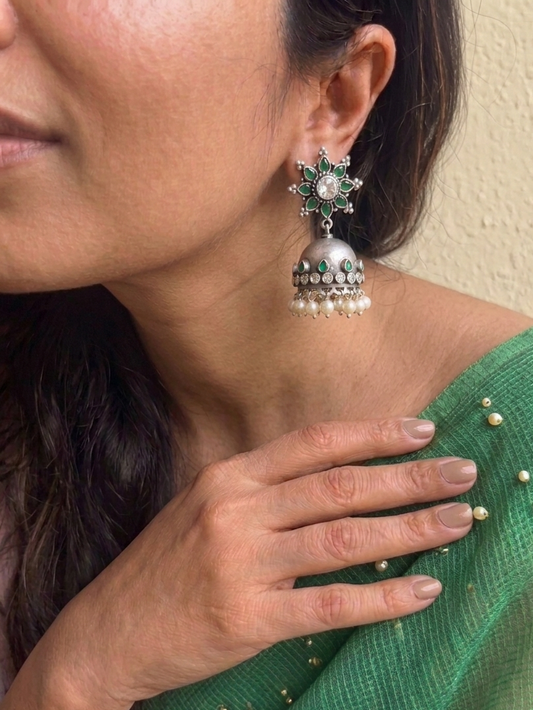 Statement Silver Jhumka Earrings , 925 Silver Jhumka