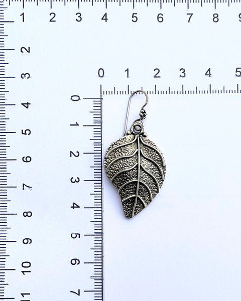 Etched finish leaf earring, oxidised silver leaf earring