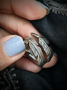 Open ended feather ring, Oxidised silver ring