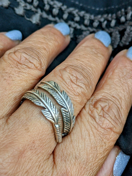 Open ended feather ring, Oxidised silver ring