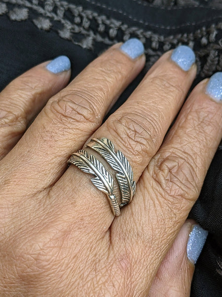 Open ended feather ring, Oxidised silver ring