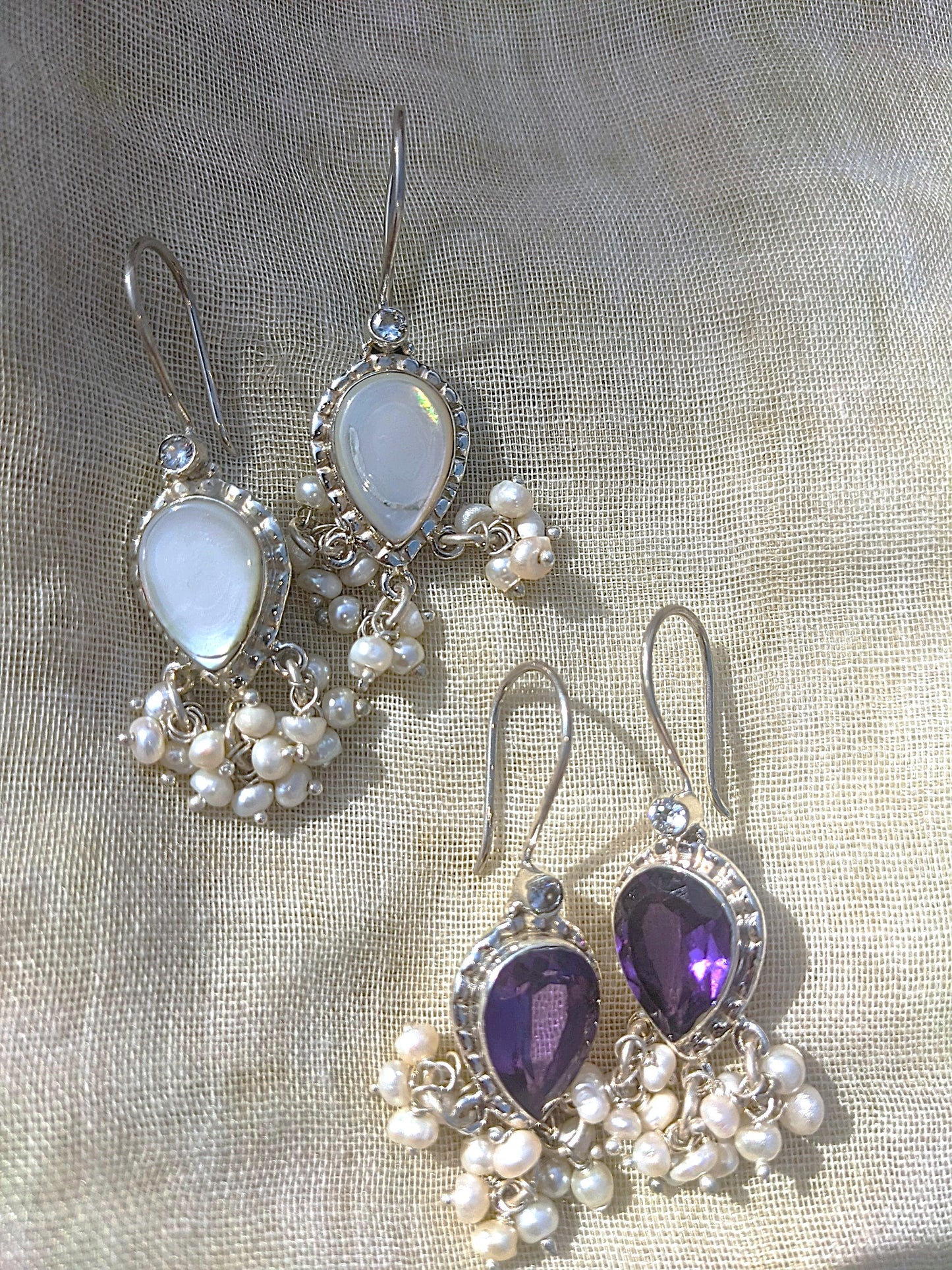 925 Sterling Silver gemstone and pearl hook earring in pure silver