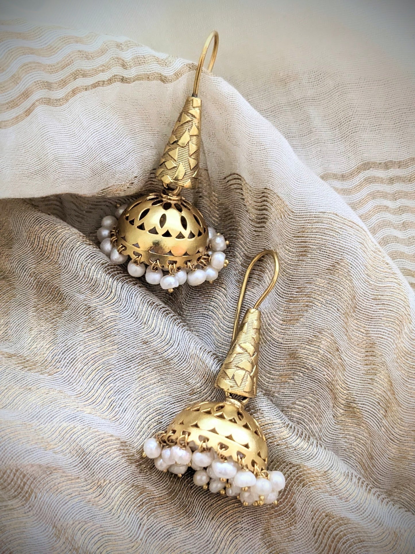 Jaya - Gold Plated Sterling Silver jhumka with pearl accents, Indian Pure silver Jhumka Earring