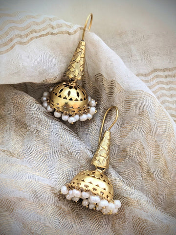 Jaya - Gold Plated Sterling Silver jhumka with pearl accents, Indian Pure silver Jhumka Earring