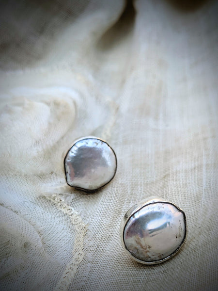 Round Baroque Pearl Stud, Baroque pearl earring, Pearl and pure silver earring