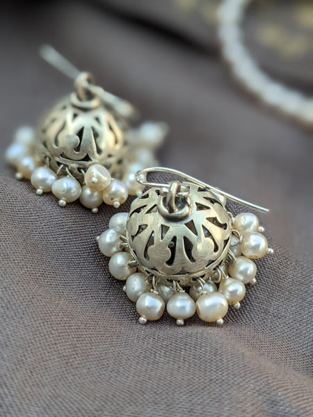 Jaaliwork Silver jhumki with pearl , Hook Jhumki, Lightweight