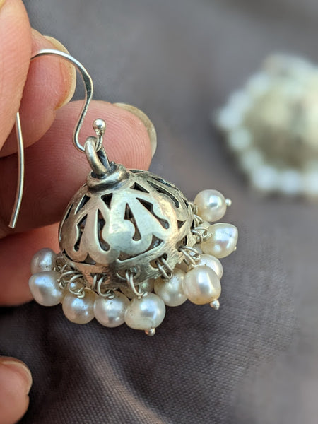 Jaaliwork Silver jhumki with pearl , Hook Jhumki, Lightweight