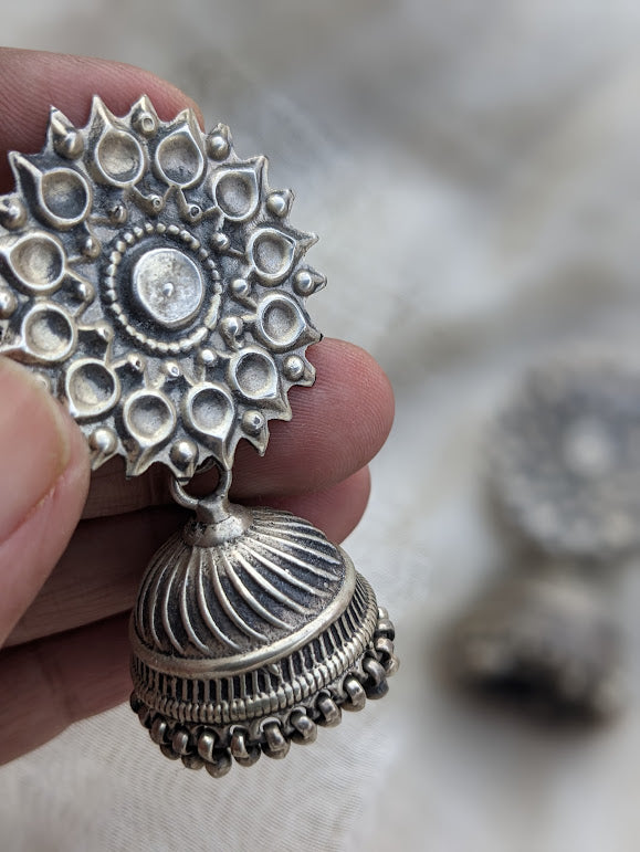 925 Sterling Silver Statement Jhumka, Oxidised Silver Jumka