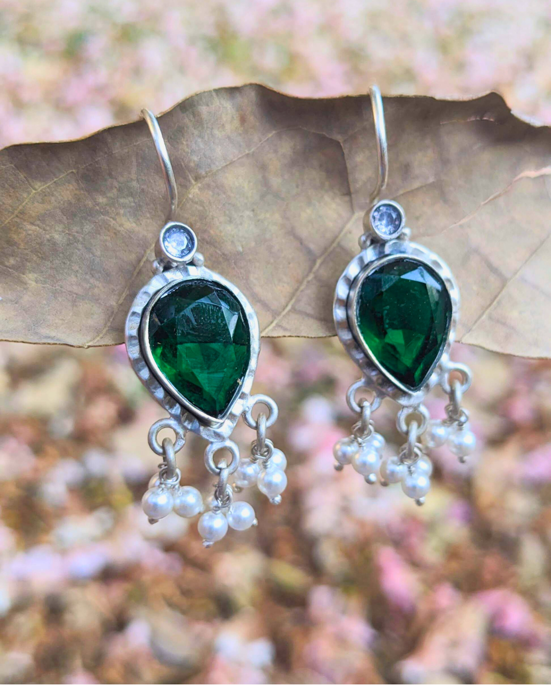 925 Sterling Silver gemstone and pearl hook earring in pure silver