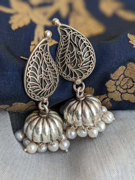 Paisley Silver jhumka with pearl