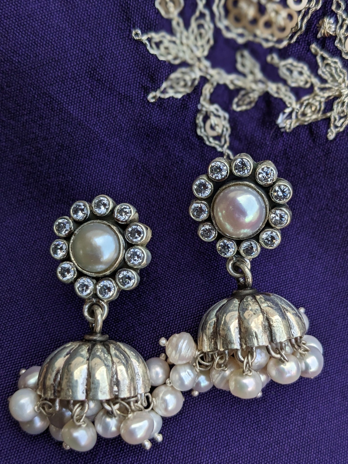 Aarya -925 Silver Indian Earring, Pure Silver Jhumka