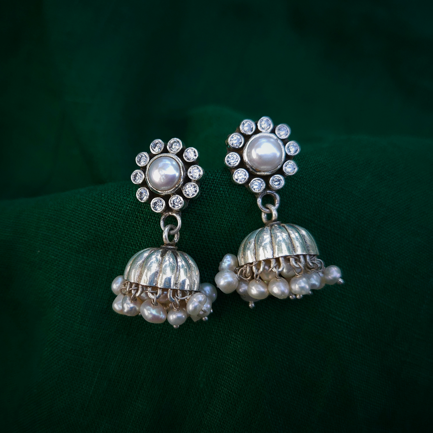 Aarya -925 Silver Indian Earring, Pure Silver Jhumka