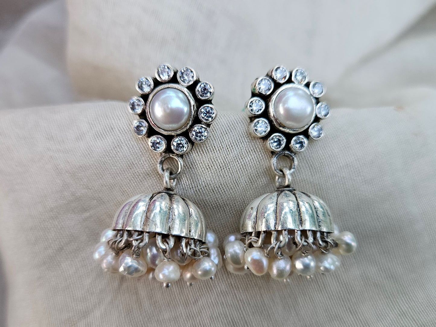 Aarya -925 Silver Indian Earring, Pure Silver Jhumka