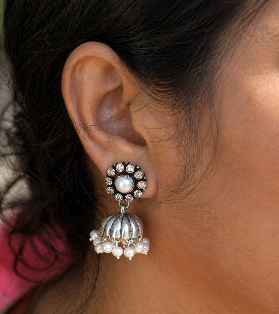 Aarya -925 Silver Indian Earring, Pure Silver Jhumka
