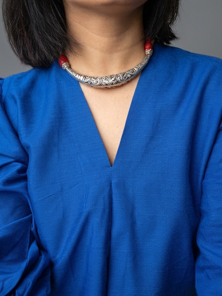 Chitai Work Silver Hasli Necklace – Handmade 925 Oxidized Sterling Silver Choker with Red Thread