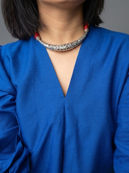 Chitai Work Silver Hasli Necklace – Handmade 925 Oxidized Sterling Silver Choker with Red Thread