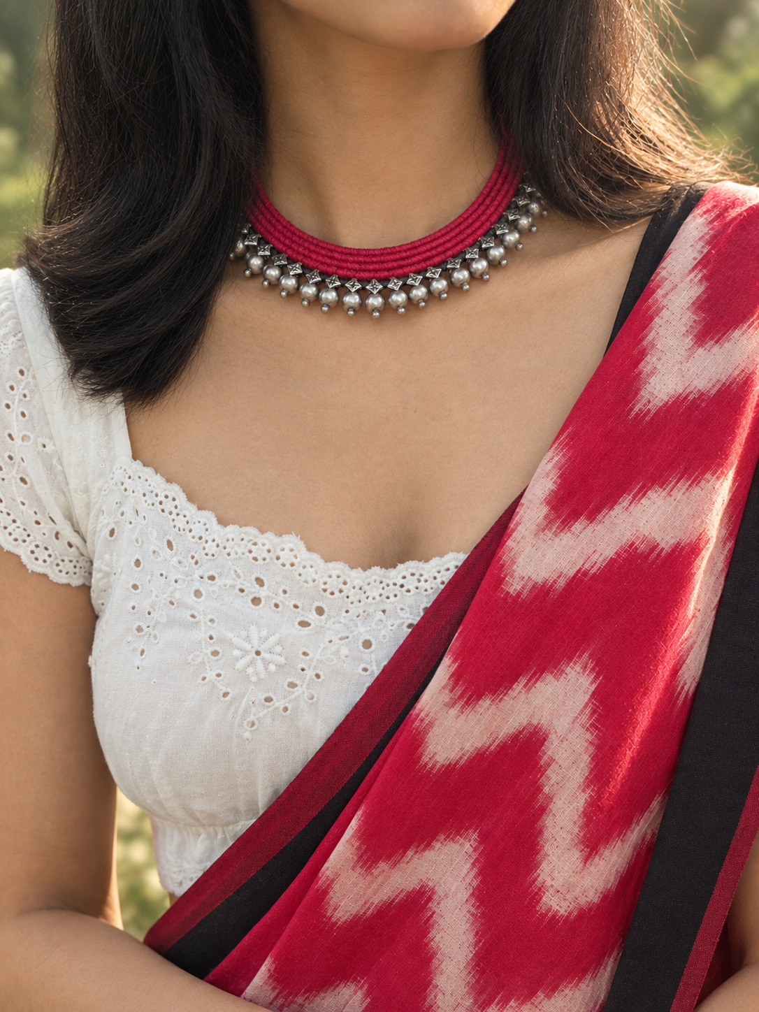 Rann Utsav Oxidised 925 Silver Thread Choker Necklace with Earrings | Handcrafted Tribal Rajasthani Kutchi Jewelry Set