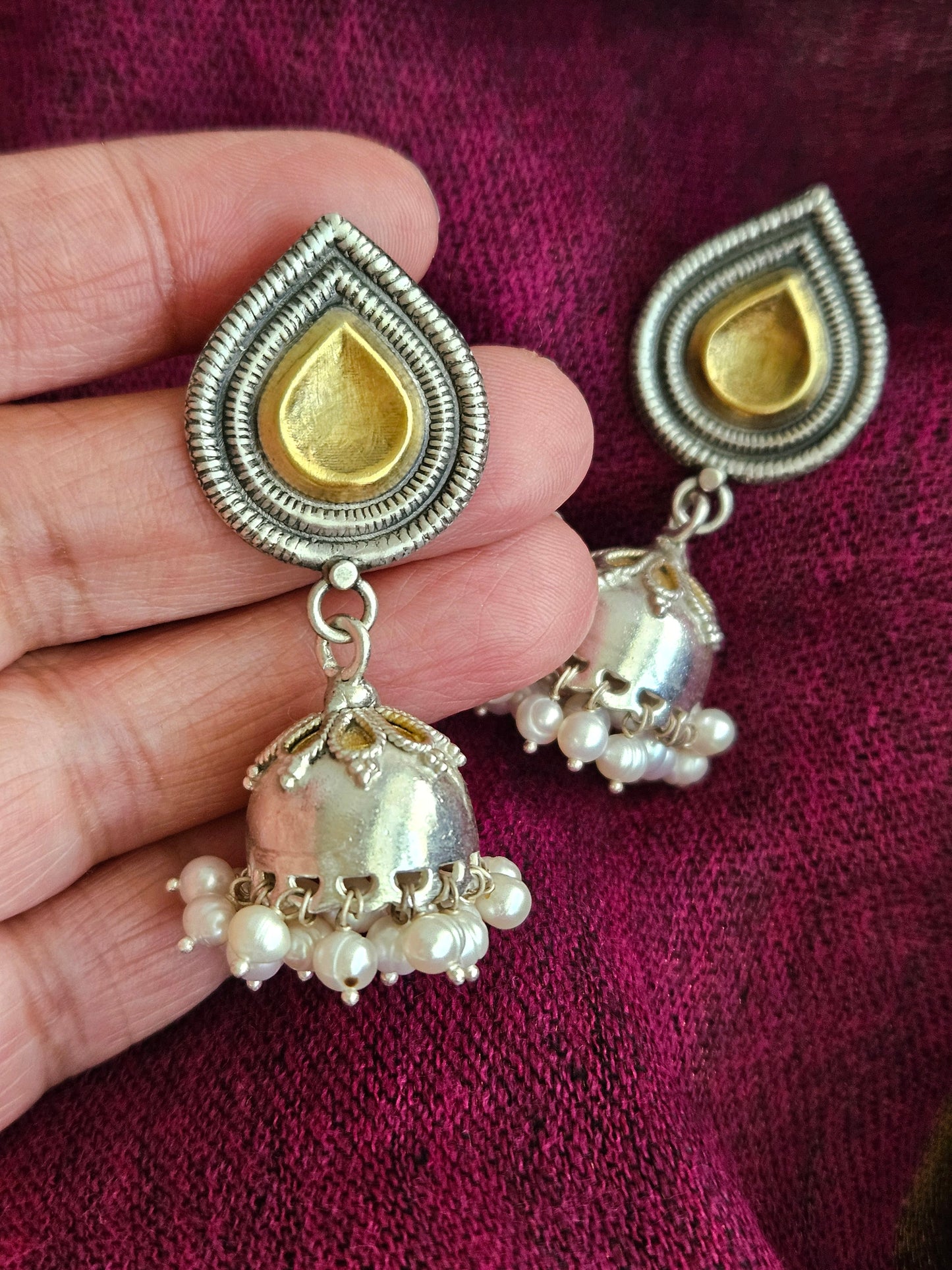 925 Sterling silver gold plated dual tone jhumka earring