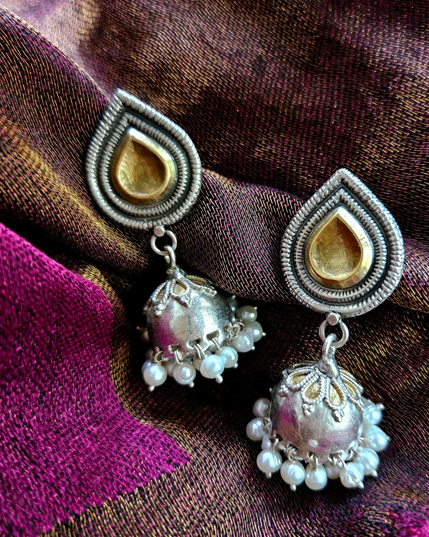 925 Sterling silver gold plated dual tone jhumka earring
