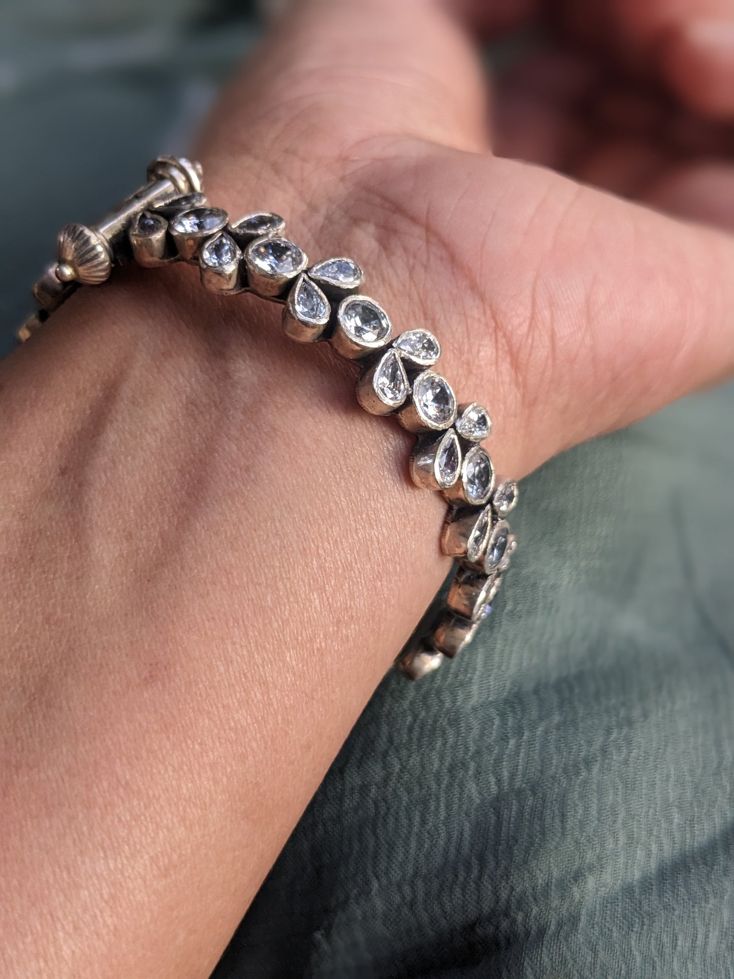 LEELA - 925 Sterling Silver Women Kada - Pure Silver Adjustable Indian Bangle with zirconia stones