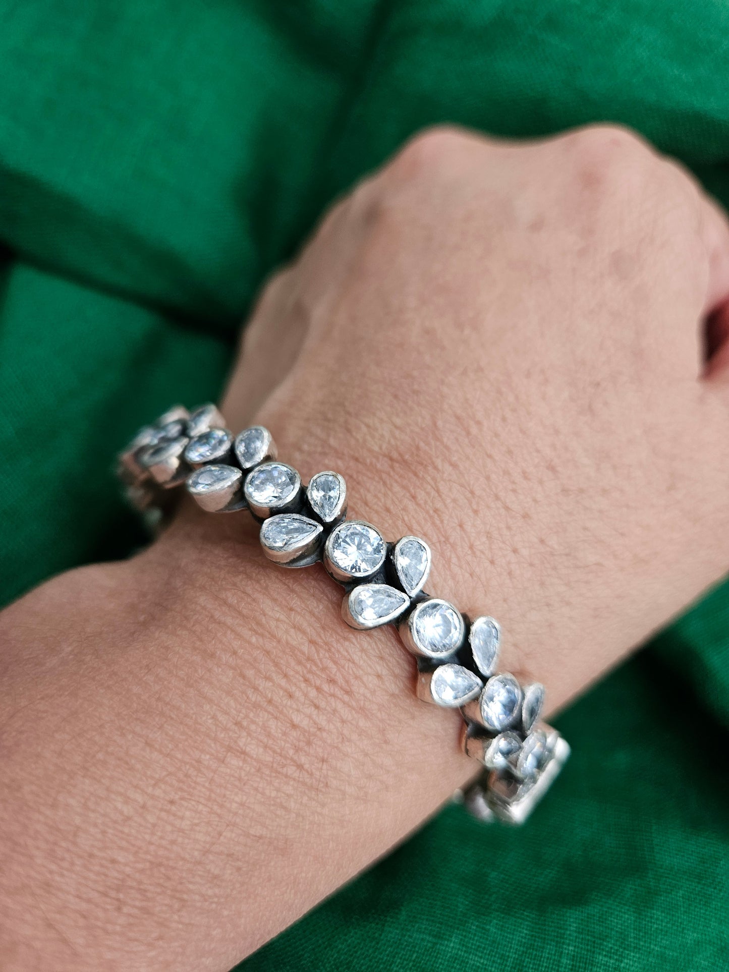 LEELA - 925 Sterling Silver Women Kada - Pure Silver Adjustable Indian Bangle with zirconia stones