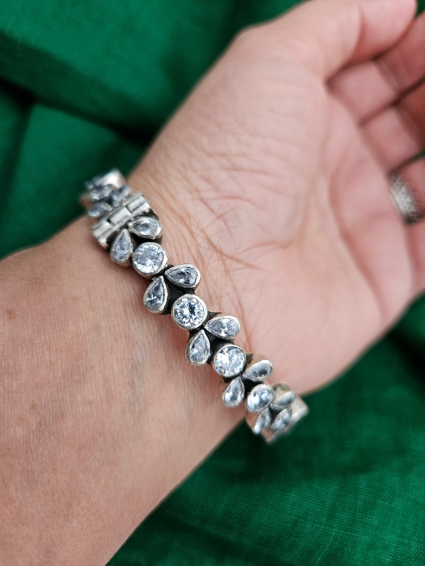 LEELA - 925 Sterling Silver Women Kada - Pure Silver Adjustable Indian Bangle with zirconia stones