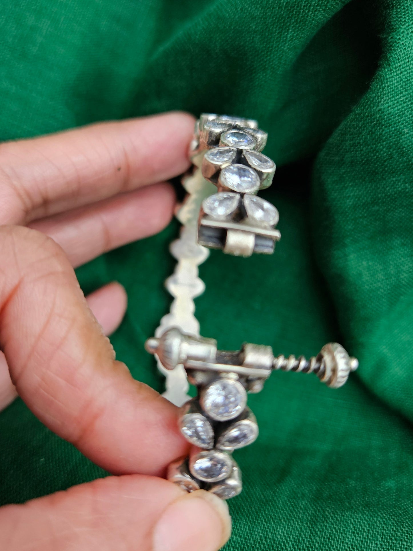 LEELA - 925 Sterling Silver Women Kada - Pure Silver Adjustable Indian Bangle with zirconia stones