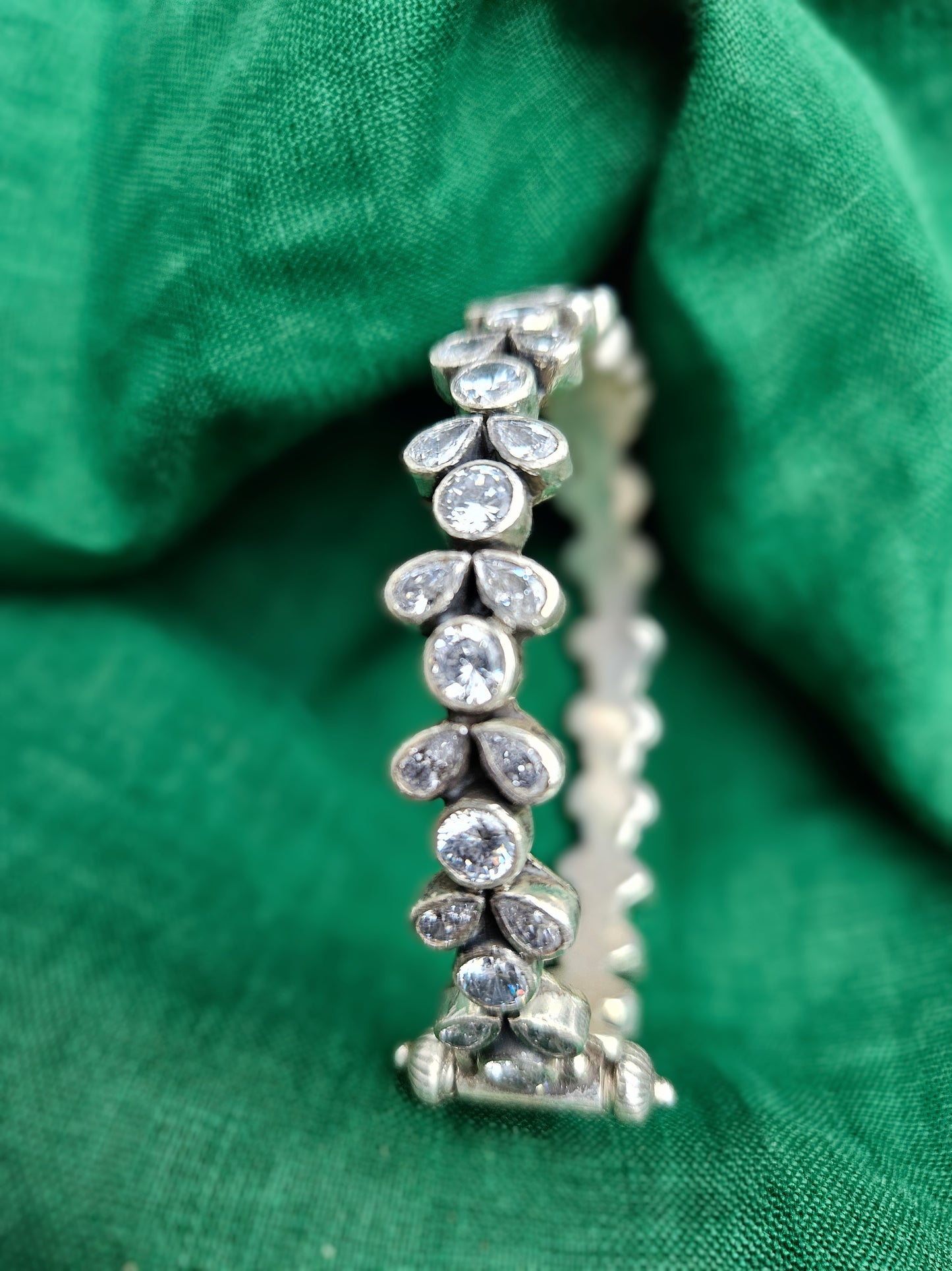 LEELA - 925 Sterling Silver Women Kada - Pure Silver Adjustable Indian Bangle with zirconia stones