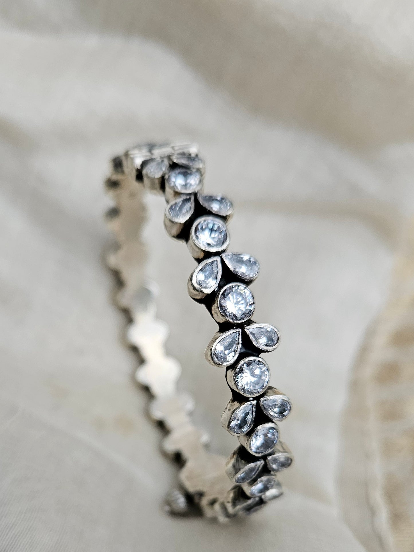 LEELA - 925 Sterling Silver Women Kada - Pure Silver Adjustable Indian Bangle with zirconia stones