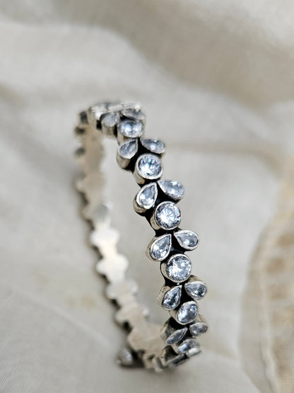 LEELA - 925 Sterling Silver Women Kada - Pure Silver Adjustable Indian Bangle with zirconia stones