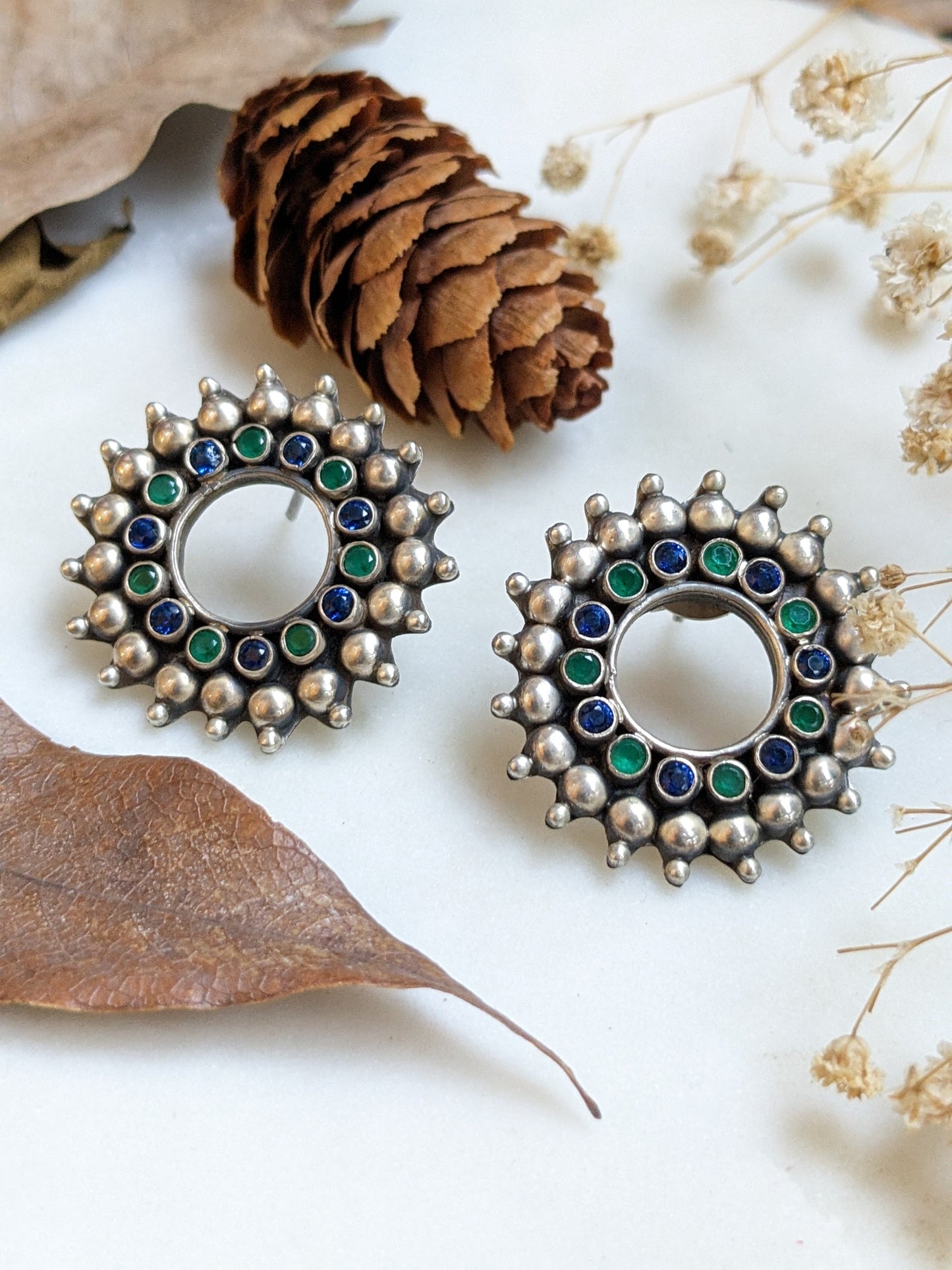 Oxidized 925 Sterling Silver with Green Semi-precious Stone Stud Earring