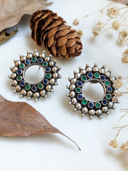 Oxidized 925 Sterling Silver with Green Semi-precious Stone Stud Earring