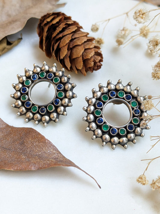 Oxidized 925 Sterling Silver with Green Semi-precious Stone Stud Earring
