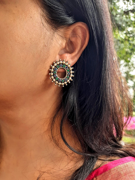 Oxidized 925 Sterling Silver with Green Semi-precious Stone Stud Earring