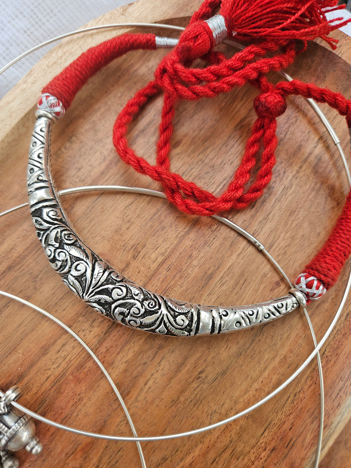 Chitai Work Silver Hasli Necklace – Handmade 925 Oxidized Sterling Silver Choker with Red Thread