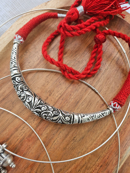 Chitai Work Silver Hasli Necklace – Handmade 925 Oxidized Sterling Silver Choker with Red Thread