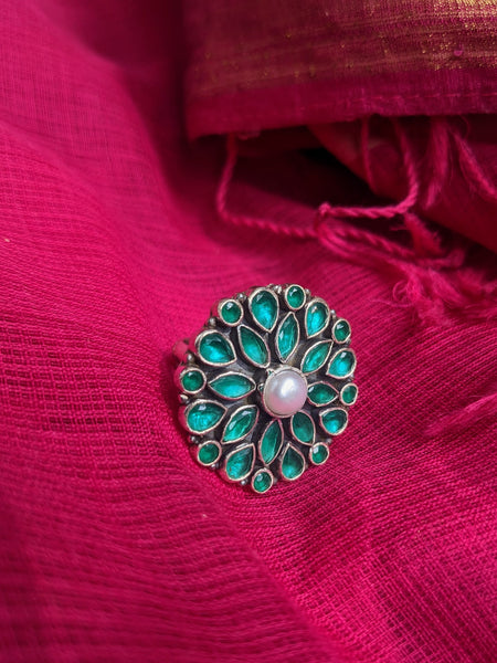 Green Zirconia floral adjustable ring