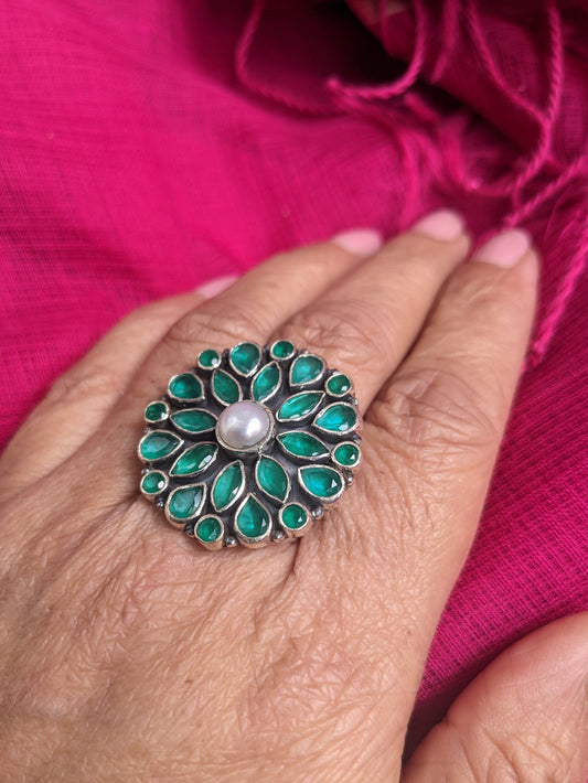 925 Sterling Silver  Zirconia floral adjustable ring