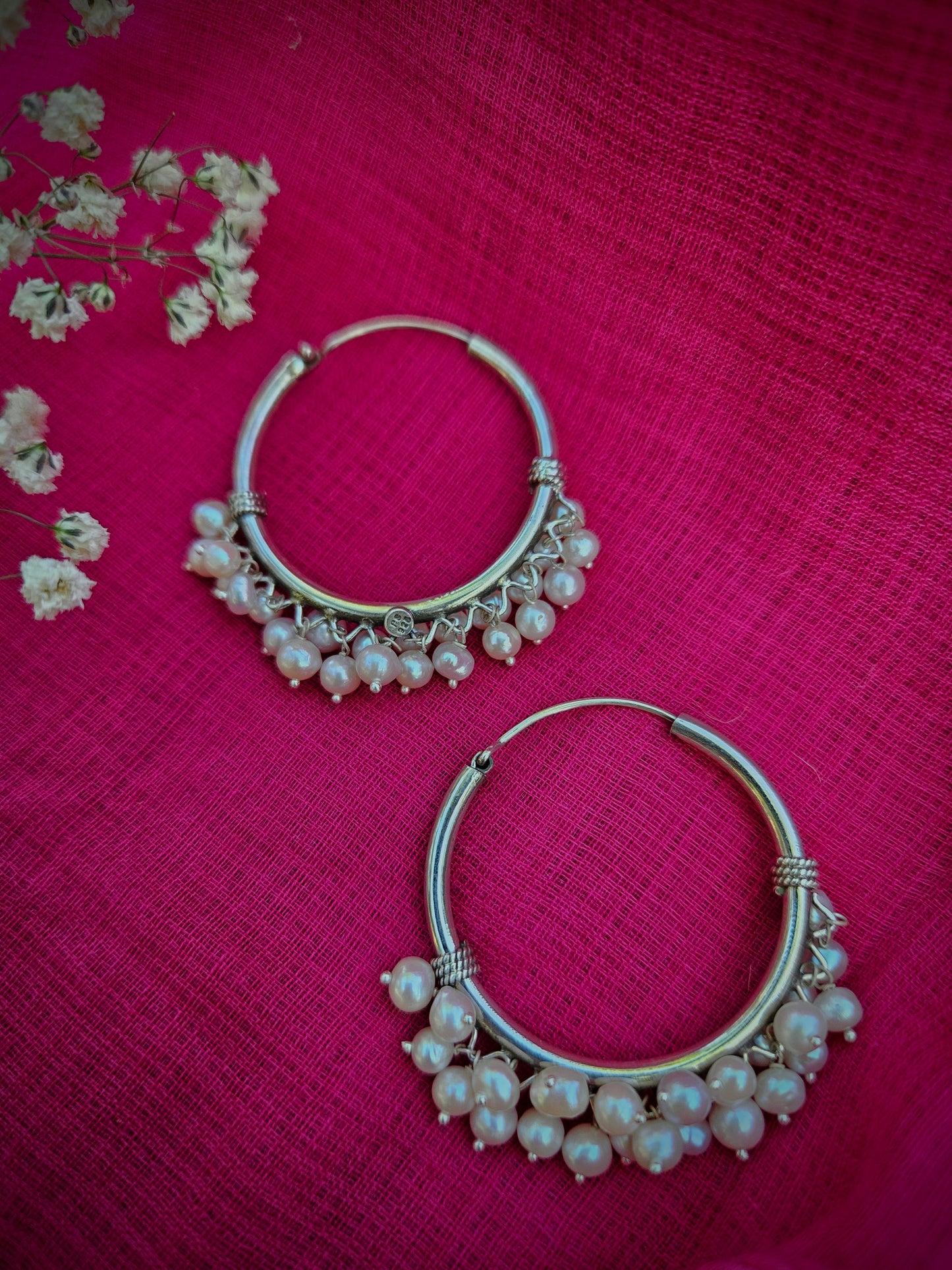 925 Sterling Silver classic Pearl Hoop, Indian Silver Hoop earring