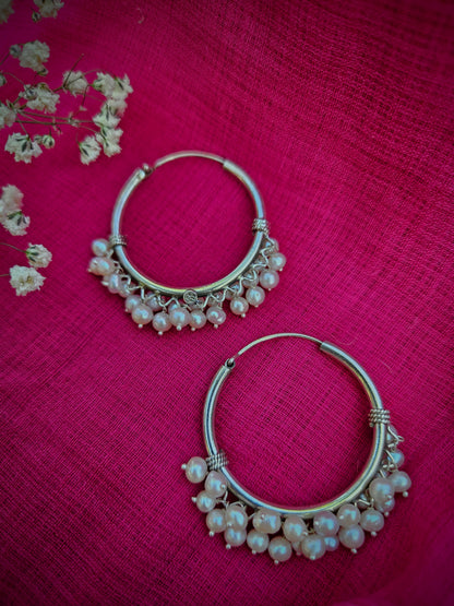 925 Sterling Silver classic Pearl Hoop, Indian Silver Hoop earring