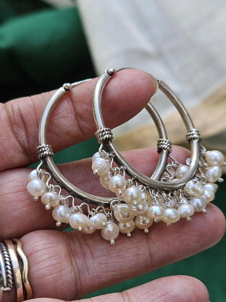 925 Sterling Silver classic Pearl Hoop, Indian Silver Hoop earring