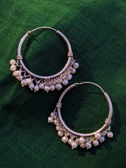 925 Sterling Silver classic Pearl Hoop, Indian Silver Hoop earring