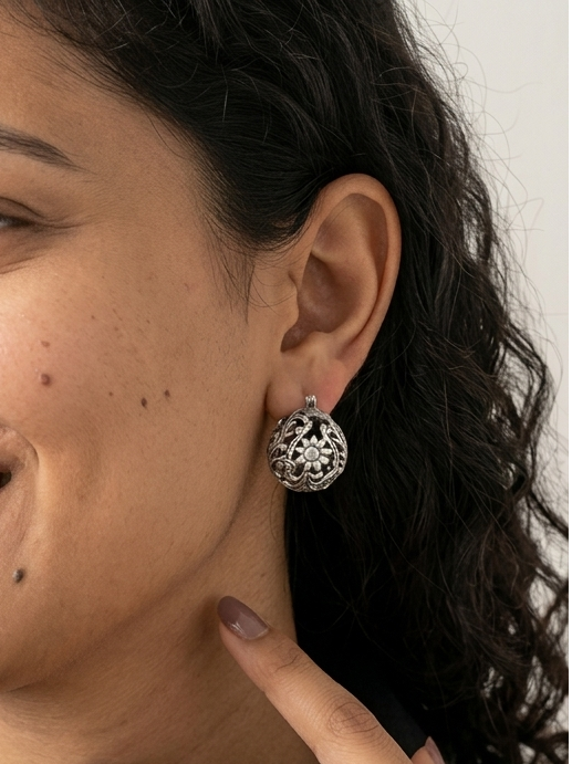 Aranya- Sterling Silver Floral Orb Drop Earrings, Clasp Locked, Chitai work ball earrings