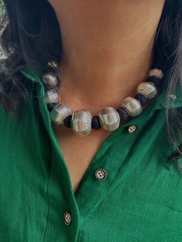 Faceted Dholki Beads Silver Necklace